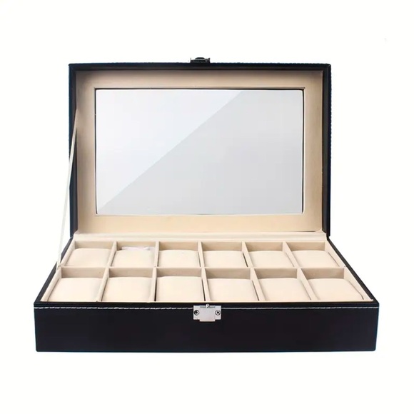 NEW 12Compartment Watch Storage Box-Glass Lid &Metal Clasp - Picture 7 of 8